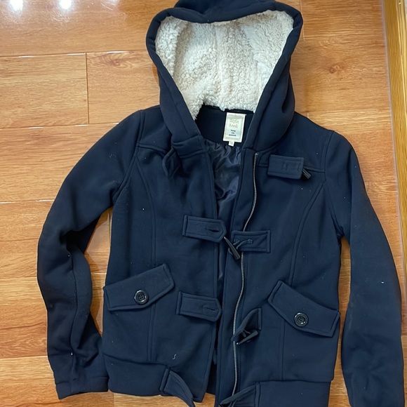 NWOT Navy Blue Preppy Pea Coat Toggle Buttons Jacket with Faux Fur Hood - Picture 2 of 10